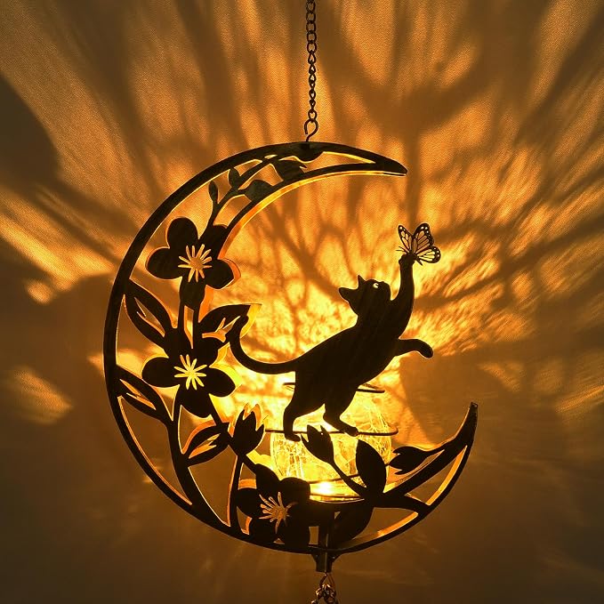 JOBOSI Solar Moon Cat Decorative Light Gift, Solar Moon Cat Decorative Wind Chime with Light, Gifts for Women Mom Grandma, Garden Lawn Decor, Christmas & New Year Gift