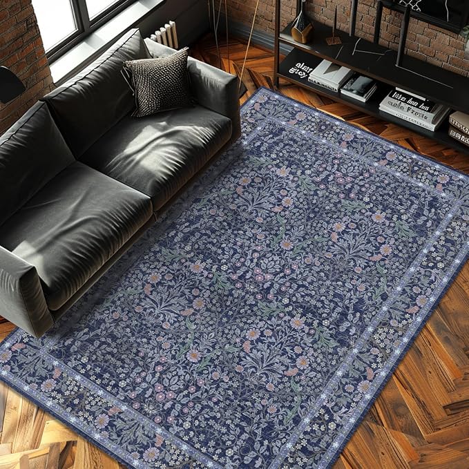5x7 Washable Area Rugs for Living Room, Stain Resistant Vintage Rugs for Dining Room Under Kitchen Table, Bedroom, Floral Low Pile Non-Slip Large Carpet (5 x 7 Blue)