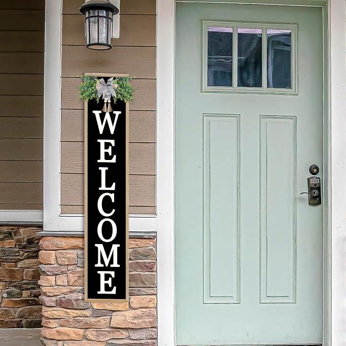 Welcome Sign for Front Porch Standing 45"X9" Large Vertical Farmhouse Outside Front Door Sign Leaner Tall Vintage Outdoor Wreath Patio Garden Wood Framed Decorations (Wood Black)
