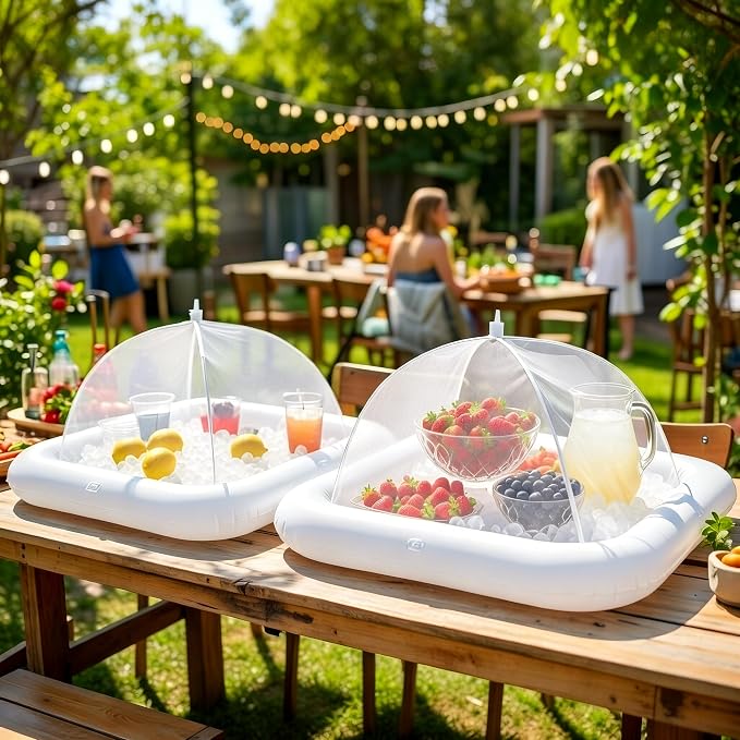 HBlife Inflatable Cooler & Mesh Food Cover Combo Set, Party Supplies for Buffet Food Drink Outside, 2 Inflatable Serving Bar, 2 Food Tents/Food Covers for Outdoors