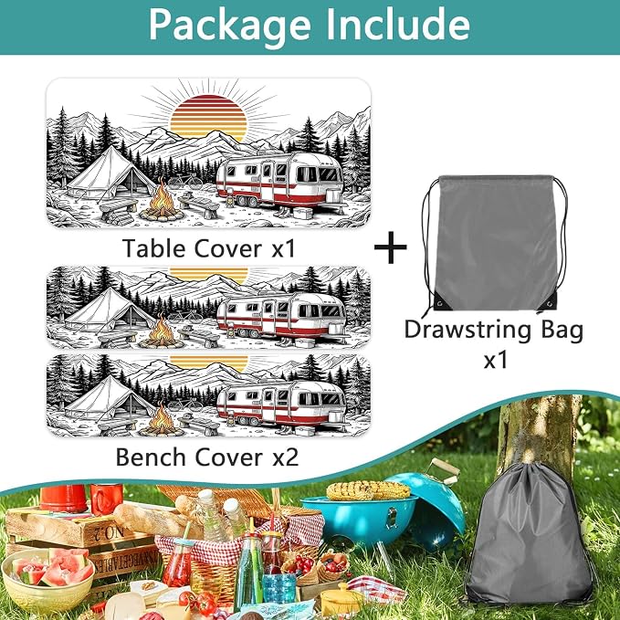 Picnic Table and Bench Covers Set Camping Essentials - Waterproof Windproof Vintage Camper Tablecloth, Camping Accessories with Drawstring Bag Fits Standard Rectangle Tables for Picnic, 30X60 inch
