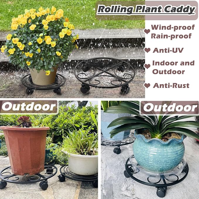 3 Packs 13.5" Metal Plant Caddy with Wheels Large Rolling Plant Stands Indoor Wheeled Plant Dolly Heavy-duty Planter Mover Roller Base Outdoor Plant Trolley Cart Water-proof, Plant Saucers on Wheels