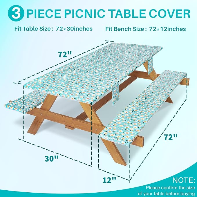 Jobunai Picnic Table Cover with Bench Covers Waterproof Camping Tablecloth with Elastic for 6 Foot Rectangle Tables Outdoor Travel Essentials list Summer Rv Vacation Finds Gifts Ideas for Mens Womens