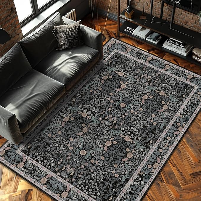 Vintage Black Living Room Rug, 5x7 Washable Area Rugs for Dining Room Under Table, Soft Low Pile Large Carpet Bedroom, Non-Slip Boho Floral (5 x 7 Black)