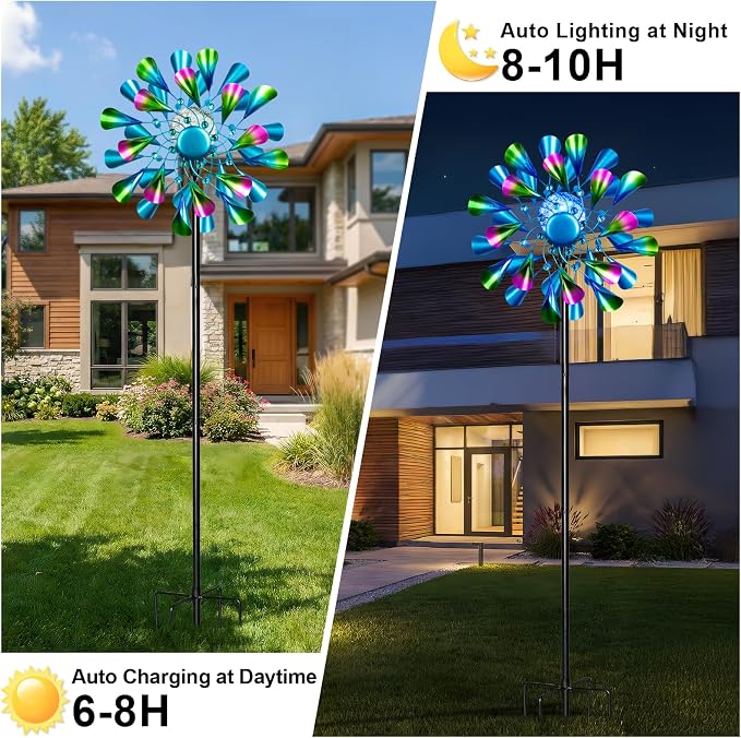 60'' Wind Spinner with Color Glass Ball Solar Lights, Green Peacock Feathers Metal Garden Outdoor Decor Yard Lawn Art Decor for Patio Kinetic Windmills Unique Gifts for Friends and Family