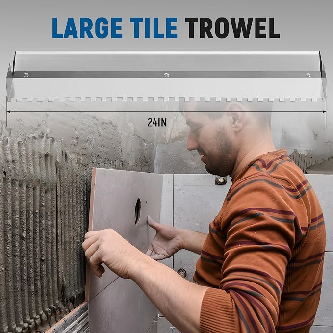 BAOSHISHAN 24" Large Tile Trowel, 2/5" x 2/5" Square Notch | Heavy-Duty Steel Blade, Ergonomic Non-Slip Handle, For Large Tiles Flooring Tiling, Masonry, Professional Grade Tool