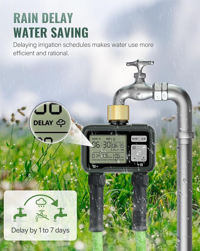 2 Zone Brass Sprinkler Timer, Garden Hose Timer, Automatic Irrigation System, Programmable Faucet, 2 Outlets, with Rain Delay, Manual Mode,Child Lock, for Yard, Garden, Lawn, Green E12WT06