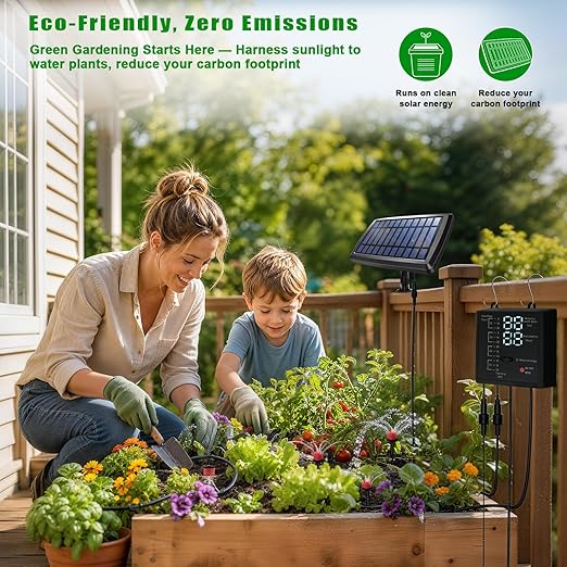 Solar Drip Irrigation System for 10 Potted Plants, Auto Watering Kit with 32FT Hose & 10 Drippers, Smart Timer & Low Water Alarm, Self Watering for Outdoor Balcony, No Electricity Needed