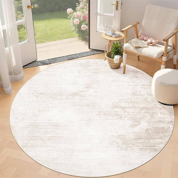 4ft Round Rug Living Room Area Rugs: Washable Modern Abstract Circle Rug Soft Non Slip Neutral Rugs Stain Resistant Indoor Carpet for Bedroom Kitchen Dining Room Home(Beige,4' Round)