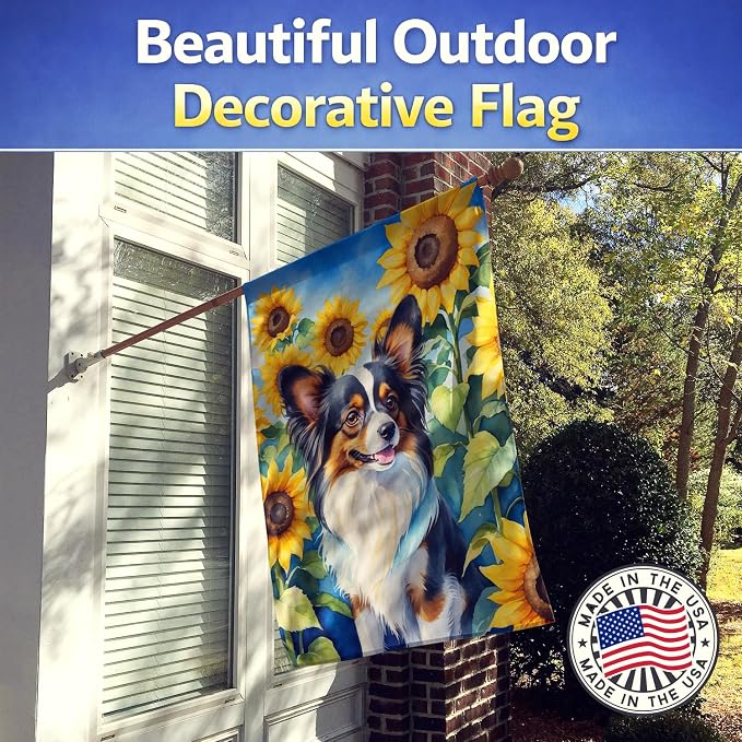 Caroline's Treasures DAC6131CHF Papillon in Sunflowers House Flag Large Porch Sleeve Pole Decorative Outside Yard Banner Artwork Wall Hanging, Polyester, House Size, Multicolor