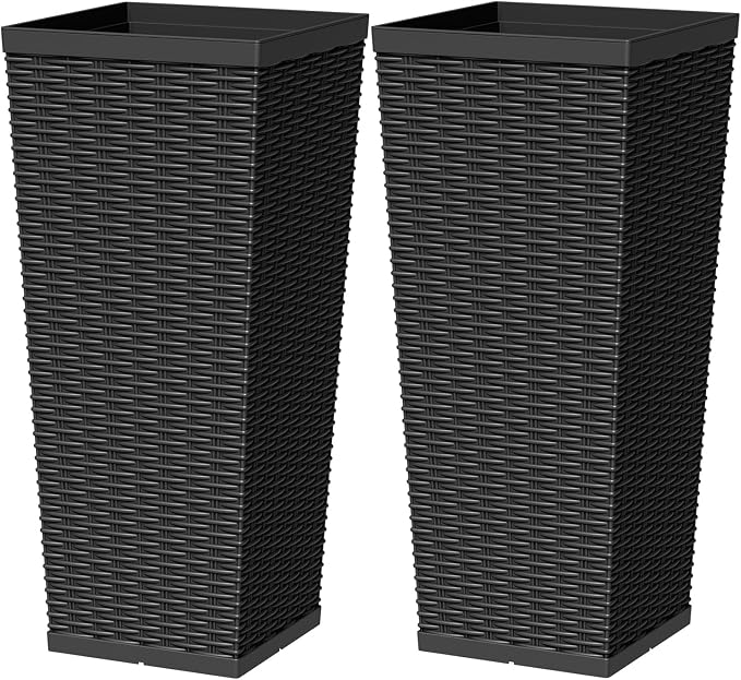 Greesum 30 Inch Tall Plastic Planters (Set of 2), Extra Large Outdoor Flower Pots with Detachable Inner Pot & Drainage Holes for Large Plants, Trees, Patio, and Garden, Black