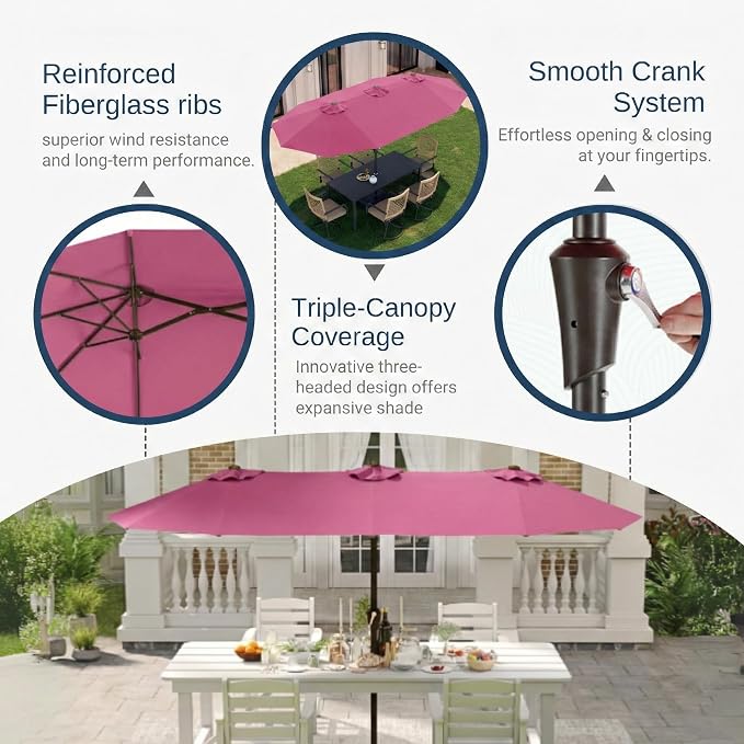 15FT Large Patio Umbrella with Base Included, Double Sided Outdoor Market Umbrella with Flexible Fiberglass Ribs, UV-Blocking Extra Large Umbrella for Garden, Pool, Deck, Rose Pink