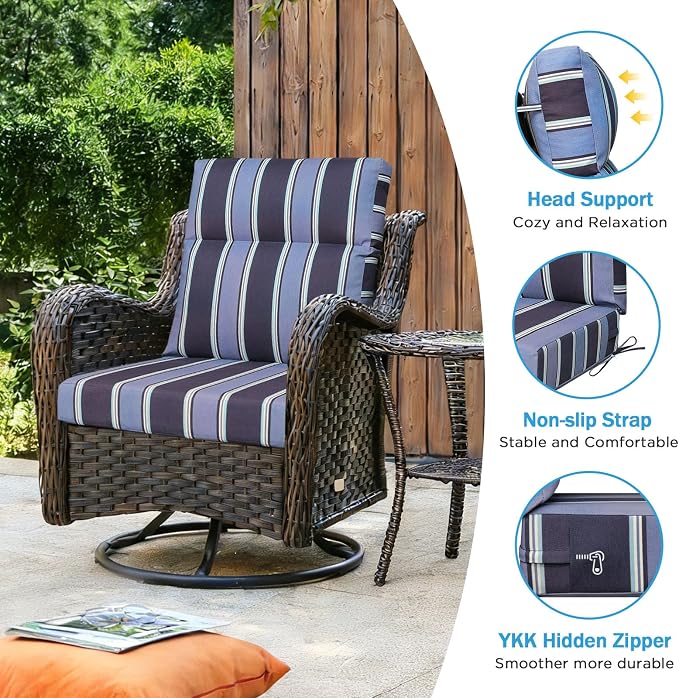 Outdoor Patio Chair Cushions 44x21x3.5 inch, Set of 2 Thicken Comfy Cushions for Rocker Non Slip Fade Shield Water Repellent High Back with Ties, Navy Blue Stripe
