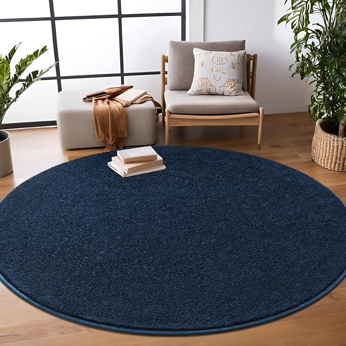 5' Navy Blue Round Area Rug Modern Solid | Washable Memory Foam, Low Pile Non Slip Indoor Carpet for Living Room Bedroom Office Classroom College Dorm Room Home Decor
