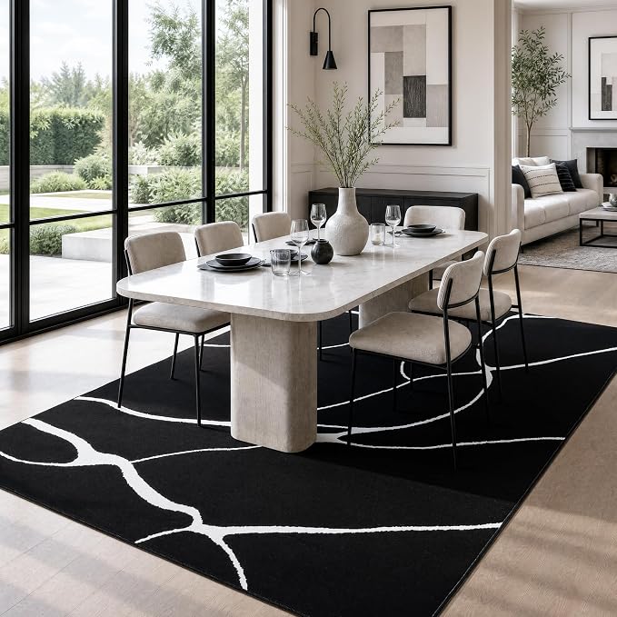 8x10 Washable Modern Abstract Black White Area Rug | Ultra-Thin Low Pile, Non-Slip TPE Backing, Soft Stain Resistant, Machine Washable, for Bedroom Livingroom High Traffic