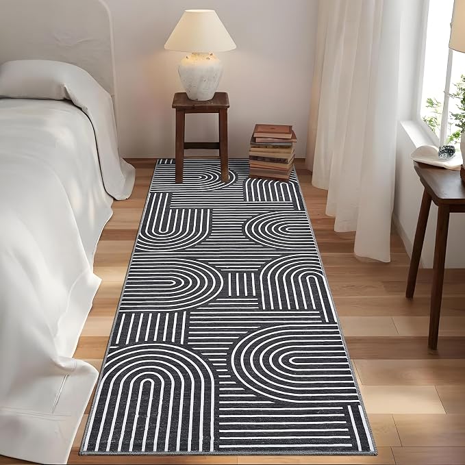 ROYHOME Modern 2.5x8 Hallway Runner Rug Non Slip Soft Kitchen Rug, Black | Abstract Washable Mat, Rainbow Geometric Runners Rugs for Bedroom, Long Rugs for Entryway Arch Pattern Bathroom Laundry Dorm