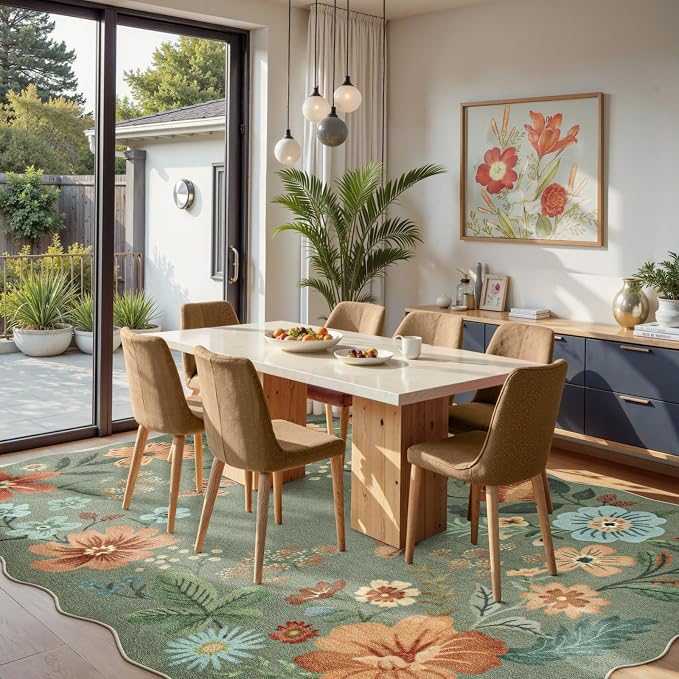 Lahome Floral Washable 6x9 Area Rugs, Green Rug for Living Room Bedroom | Soft Ultra-Thin Non Slip Dining Room Rug Stain Resistant Boho Green Rugs Throw Carpet for Office Flore (6'x9', Green)