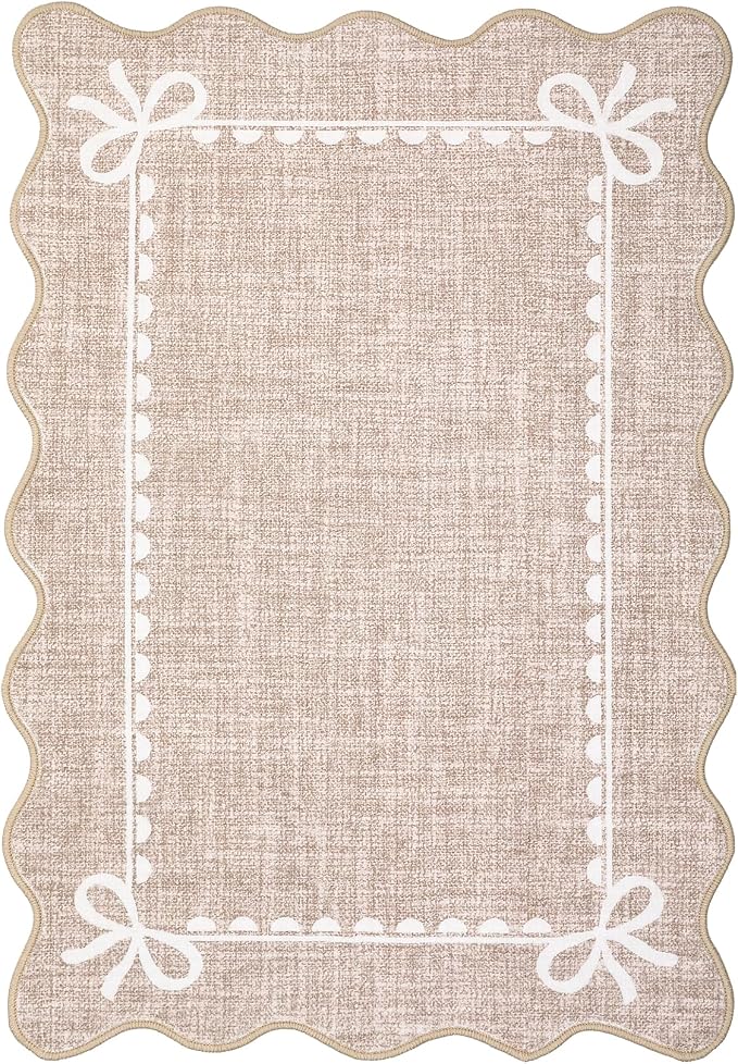 GarveeHome Scalloped Entryway Rug 2x3 Washable Front Door Bow Rug, Camel | Non Slip Soft Low Pile Ultra-Thin Stain Resistant Indoor Carpet for Girls Dorm Nursery Bedroom Decor Hallway Kitchen Floor