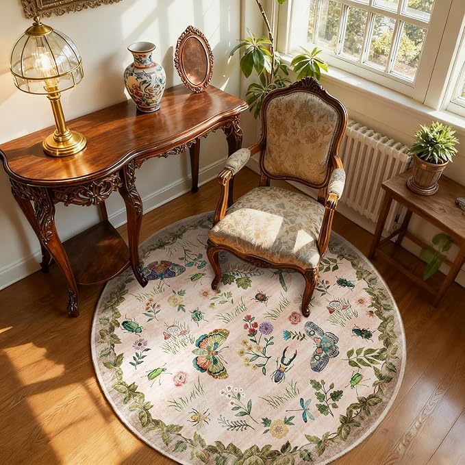 Washable Round Rugs for Bedroom 4ft: Living Room Rug Stain Resistant Non Slip Low Pile Ultra Soft Faux Wool Small Circle Rugs for Kitchen Entryway Bathroom Nursery Dorm Home Office Entrance Indoor