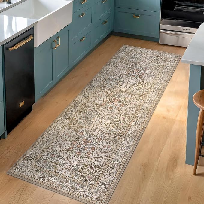 Moss Green 2x5 Bathroom Rug Runners Non Slip Washable - Neutral Runner Rug for Kitchen Floor, Bedroom, Laundry Room, Hallway - Thin Vintage Oriental Taupe Bathroom Rugs Stain Resistant