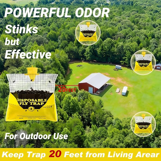 Glovv Fly Traps Outdoor Hanging with Fly Bait, 10 Pack Disposable Bags Hunter Ranch Trap, Flies Control Bug Catcher Killer Repellent for Stable Horse Barn & Farm