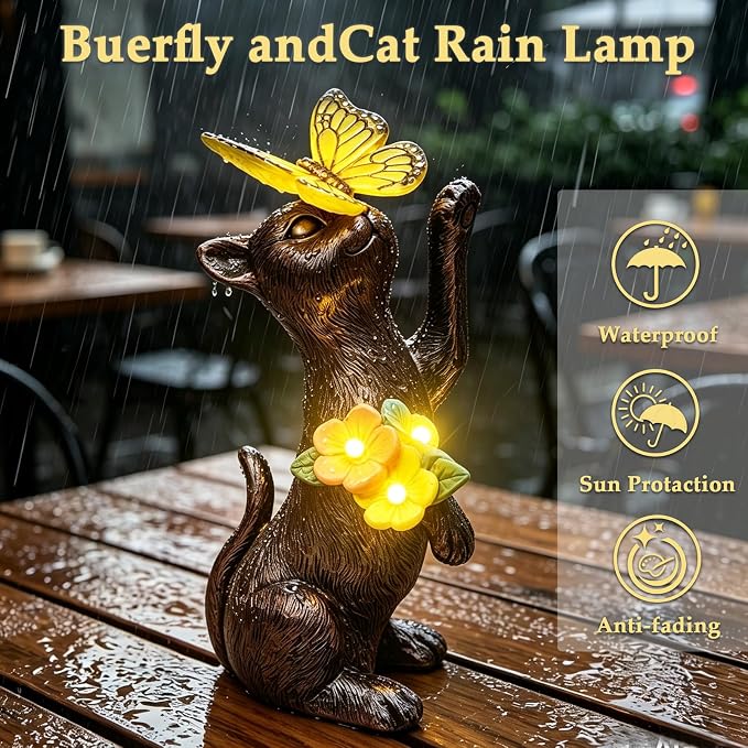Solar Cat Garden Statues Outdoor - Waterproof Resin Cat Figurine with Butterfly Light -Outside Sculptures Decor for Yard Lawn Patio, Birthday Gifts for Women Mom