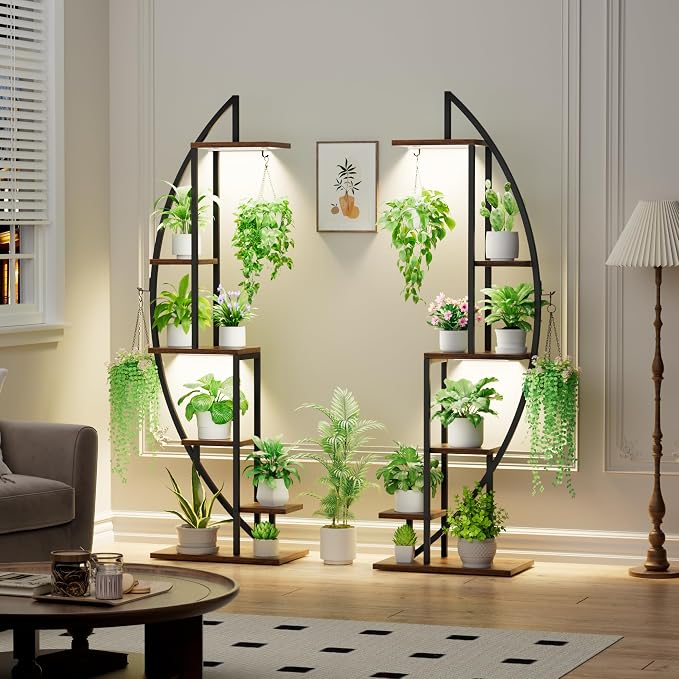 BACEKOLL Plant Stand Indoor with Grow Lights, 6 Tiered Tall Plant Shelf, 63" Metal Plant Stand for Indoor Plants Multiple, Half-Moon Plant Rack Display Shelf, 2 Pcs Plant Holder for Living Room, Patio