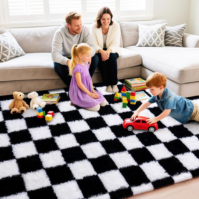 Checkered Rug 9x12 for Living Room, Ultra Fluffy Fuzzy Shag Black and White Large Area Rug for Bedroom, Modern Plush Soft Upgrade Non-Slip Carpet for Kids Girls and Boys Room Dorm Home Decor