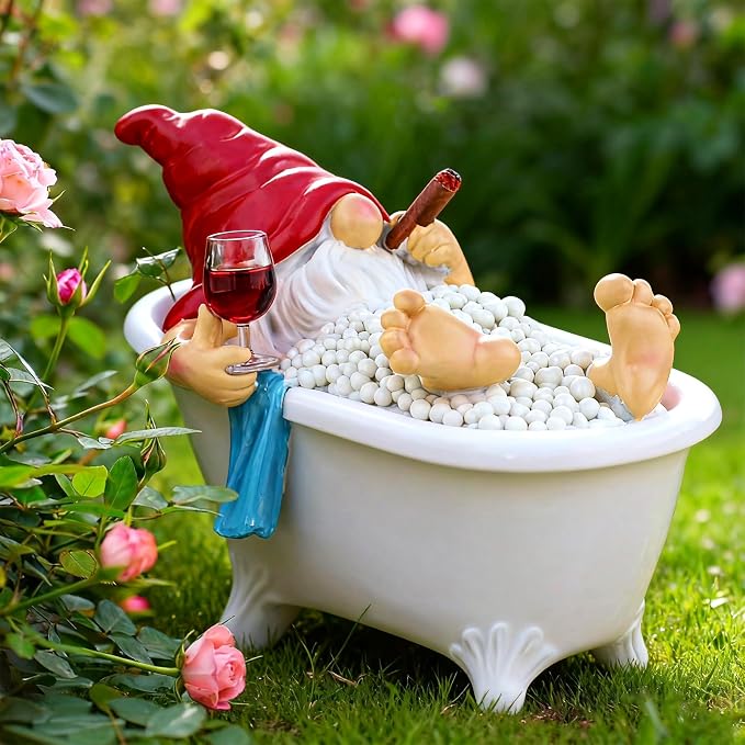 Toncoke Funny Garden Gnomes for Outdoor, 7 Inch Gnomes Decorations for Yard with Bathtub & Wine Glass, Gnome Garden Decor for Home Patio Lawn, Gnomes Gifts for Women Spring Summer Christmas Halloween