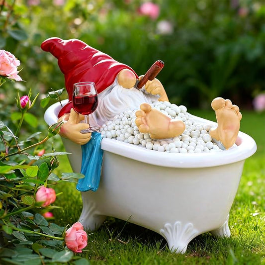Toncoke Funny Garden Gnomes for Outdoor, 7 Inch Gnomes Decorations for Yard with Bathtub & Wine Glass, Gnome Garden Decor for Home Patio Lawn, Gnomes Gifts for Women Spring Summer Christmas Halloween