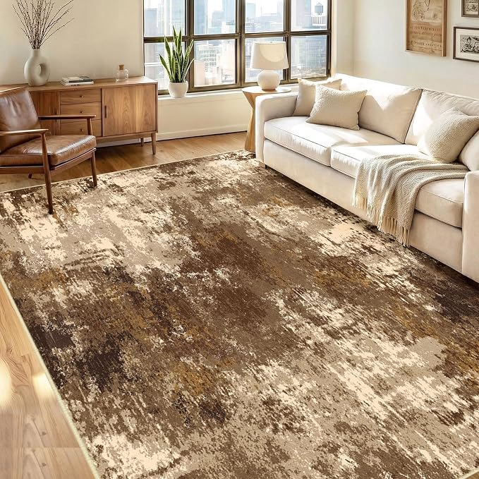 RELEANY Washable 5'x7' Abstract Area Rug for Living Room Brown Tan | Carpet for Bedroom, Kitchen, Office, Hallway and Entryway, Printed Pattern, Non‑Slip, Soft, Stain‑Resistant, Easy to Clean
