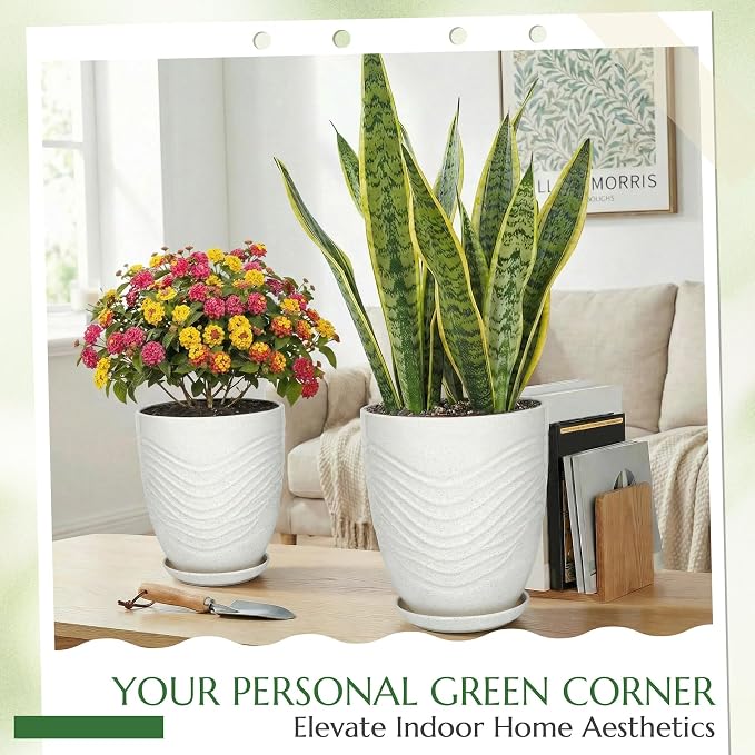 11.8 Inch Flower Pots for Indoor Plants,Ceramic Planter with Saucer Drainage Leak-Proof Mesh Gardening Gloves (Water-Ripple White)