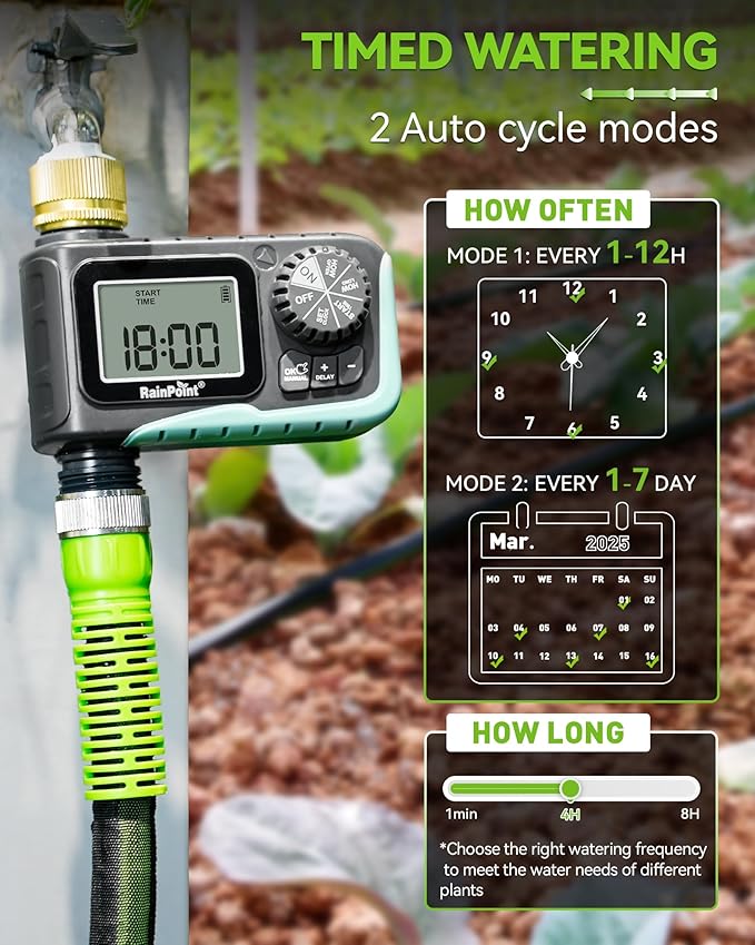 RAINPOINT 50FT Drip Irrigation System with Sprinkler Timer, Automatic Garden Watering Kit with 15pcs 360°Adjustable Copper Nozzles for Greenhouse, Lawn, Raised Beds, Outdoor Plants