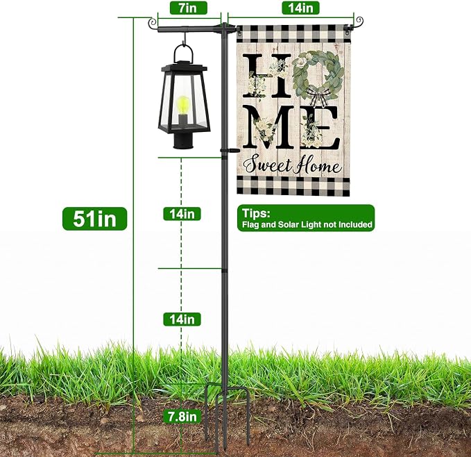 Garden Flag Stand Holder with Shepherd Hooks for 12 x 18 Flag, 51 Inch Height with 3/4 Inch Extra Thick Heavy Duty Garden Flag Pole with 4 Prong Base for Outside Home Yard Patio Decor