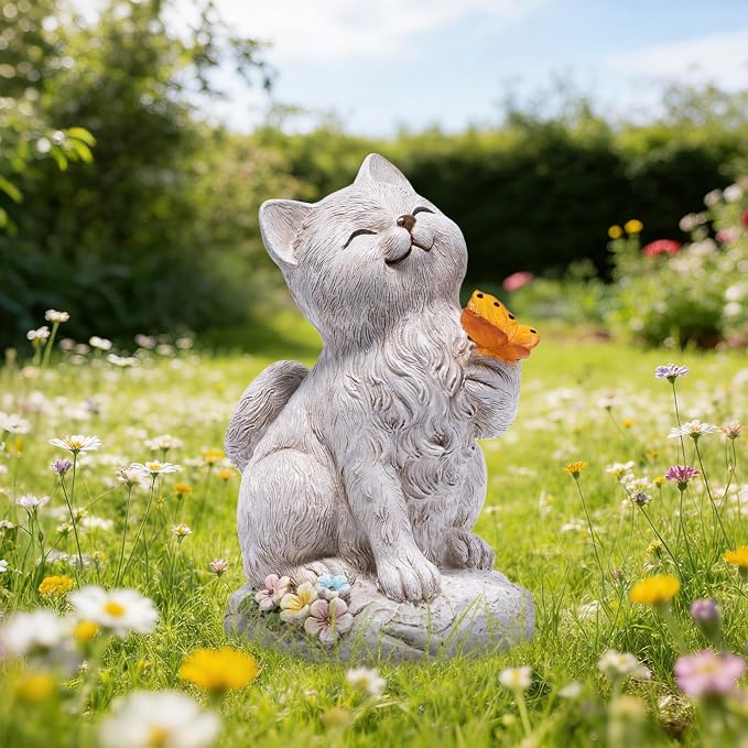 basen Solar Cat Statue with Glowing Butterfly, Outdoor Garden Cat Figurine Decor for Yard Lawn Patio, Resin Solar Animal Sculpture with LED Light for Garden Landscape Decoration