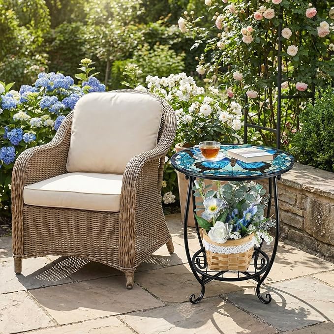 Cinnvoice Outdoor Side Table Round Small Mosaic Patio Accent Indoor End Plant Coffee Tea Table for Yard Patio Porch Garden Living Room, Bedroom