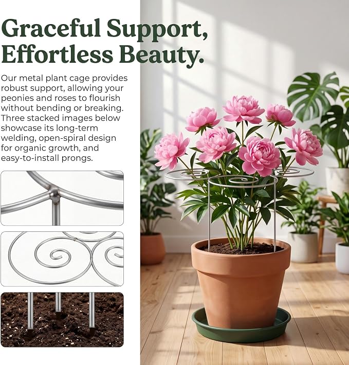 Peony Cages and Supports, Plant Support Garden Stakes, Metal Plant Support Ring for Garden, Plants Supports Cage, for Clump-Forming Flowers and Plants Such as Peonies, Roses, and Dahlias (M(15.7in))