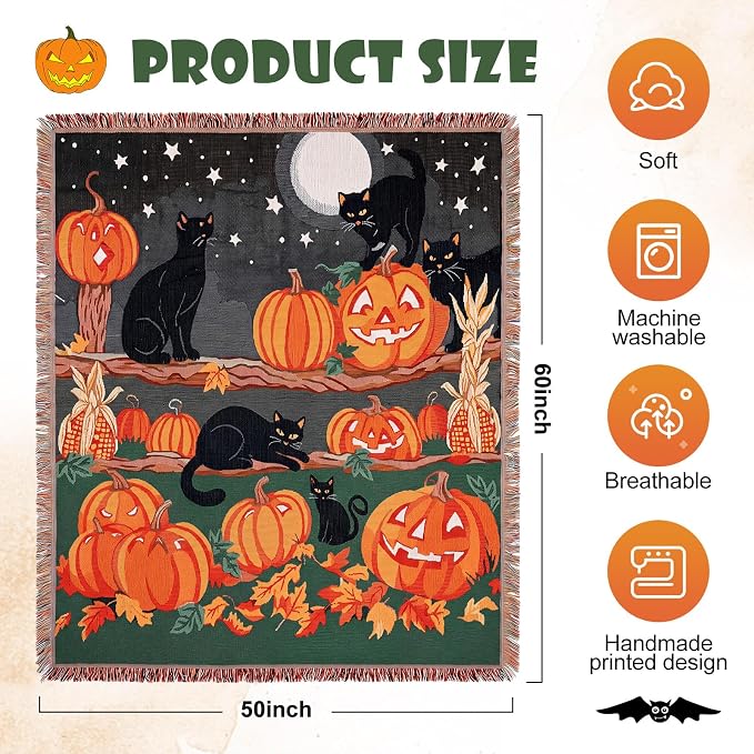 Moukeren 60 x 50 Inch Halloween Woven Tapestry Blanket with Pumpkin and Cat with Colorful Tassels for Couch Sofa Chair, and Wall Hanging Home Decor