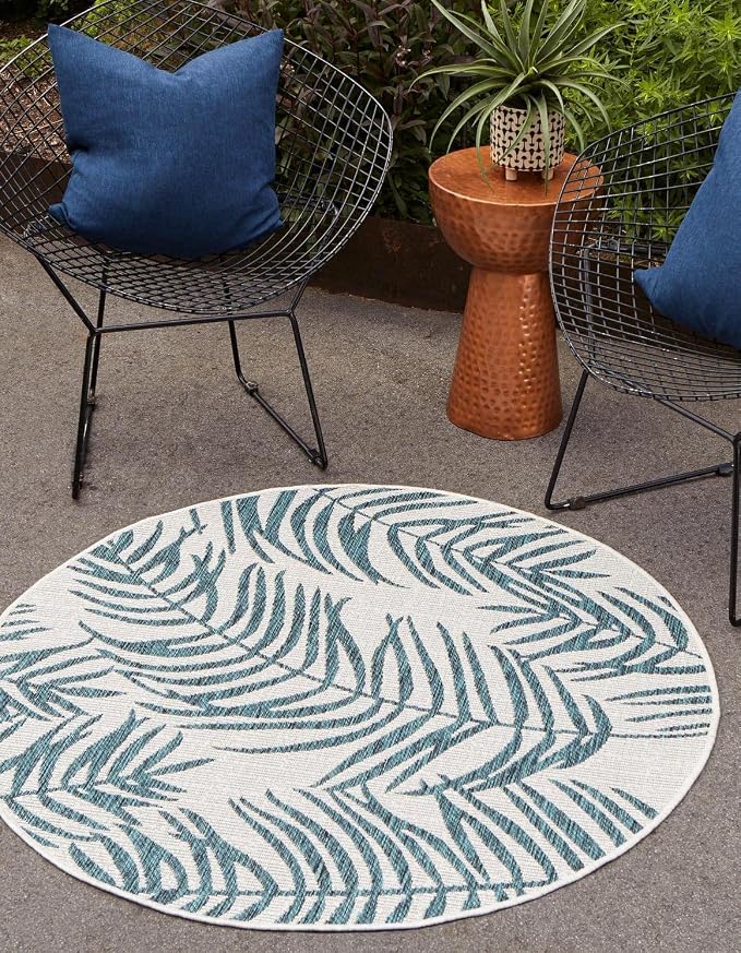 Unique Loom Outdoor Botanical Collection Area Rug - Palm (4' 1" Round, Teal Ivory)