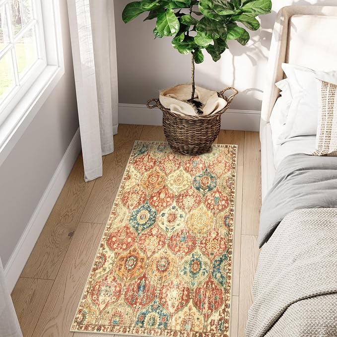 Lahome Kitchen Rugs Non Slip Washable Rugs for Entryway, 2x4 Rug Non-Slip | Moroccan Trellis Ultra-Thin Indoor Door Mat Small Carpet for Bathroom Bedroom Entry Elise, Red/Orange