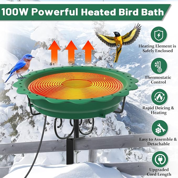 Heated Bird Baths for Outdoors, 100W Heated Bird Bath for Deck Railing, Heated Birdbath with Thermostat Control, Heated Bird Bath for Outside Winter Garden Patio Yard (Green)