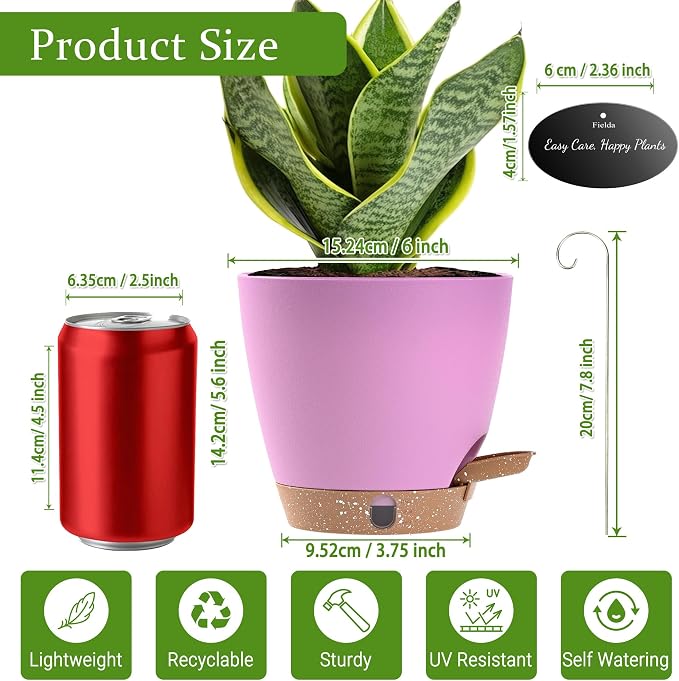 6 Inch Self Watering Pots for Indoor Plants(5-Pack) – Small Plastic Planters with Water Level Window, Drainage Holes & Trays, Indoor Outdoor Flower Pots for Herbs, Snake,Pothos (Dusty Rose/Pink)