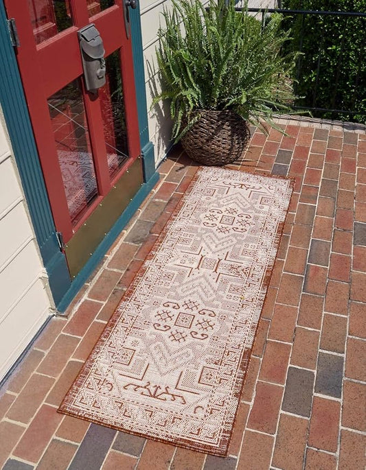 Unique Loom Outdoor Aztec Collection Area Rug - Coba (2' x 7' 10" Runner, Rust Red/ Ivory)