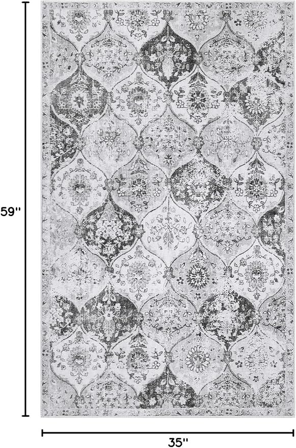 Lahome Moroccan Washable Small Area Rug, 3x5 Rugs for Bedroom Living Room | Trellis Non-Slip Oriental Accent Throw Carpet for Kitchen Office Entryway Bathroom Office Elise, Silver Grey