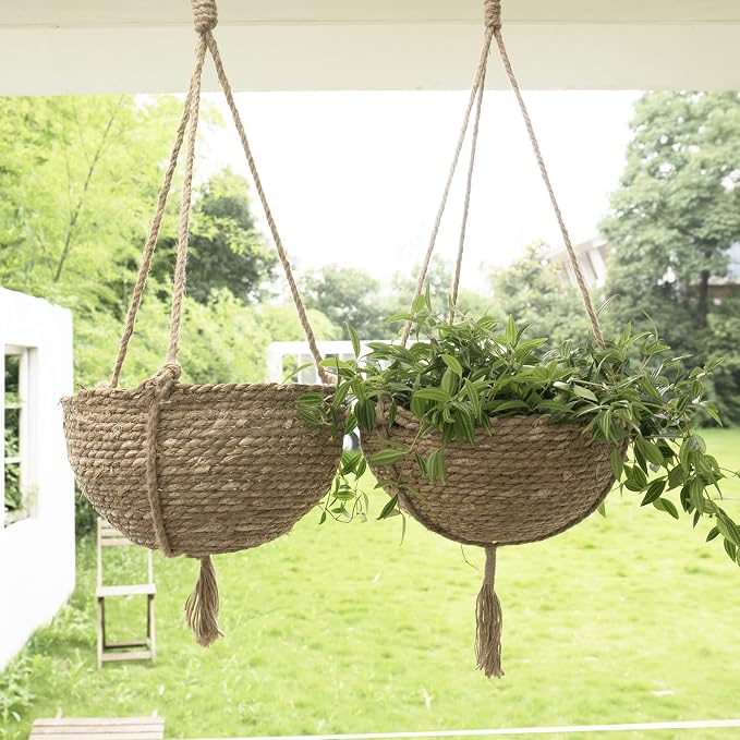 Natural Seagrass Hanging Planter Basket Set, Indoor Plant Pots, Boho Decor Plant Pot Cover, 12.4 (D) 6.3 (H) Inch, Pack 2