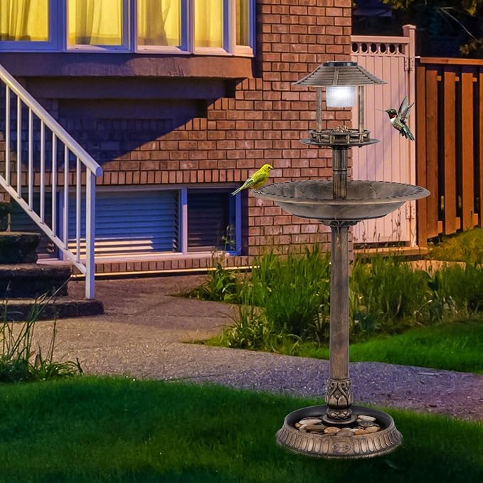 LDAILY Outdoor Bird Bath, 42’’ Solar Lighted Pedestal Birdbaths with Birds Feeder ,20’’ Water Bowl, Flower Planters and 3 Stakes, Attract Birds Antique Bird Bath for Outside Garden, Yard (Bronze, 42‘’)