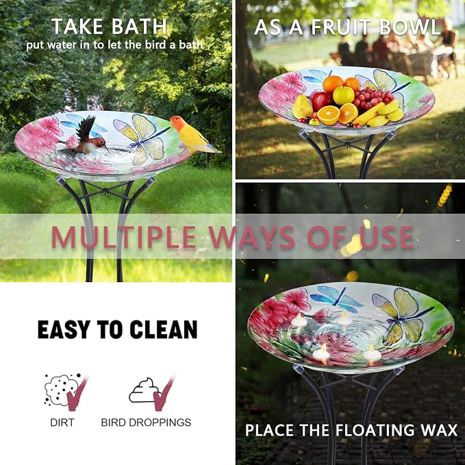 MUMTOP Bird Bath-Bird Baths for Outdoors - Dragonfly Large Bird Bath Bowl with Metal Stand, Glass BirdBaths for Garden Lawn Yard Decor