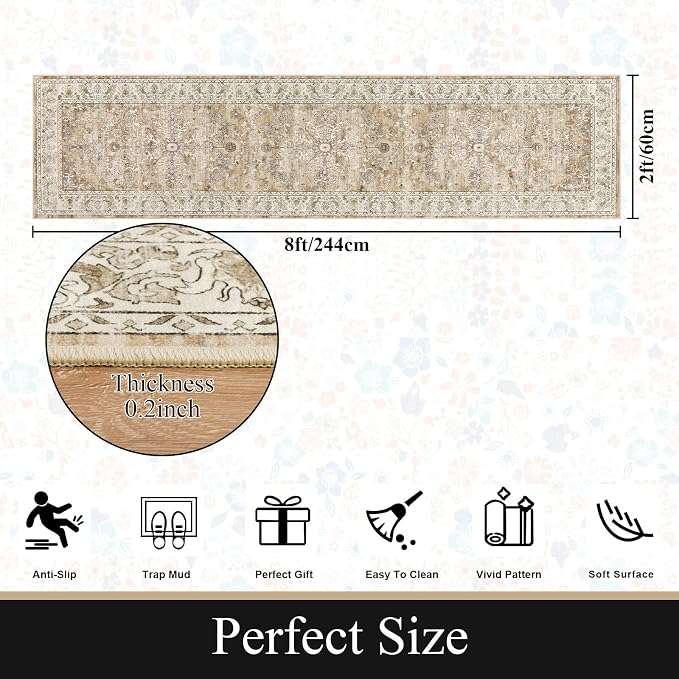 U'Artlines 2' x 8' Boho Hallway Runner Rug Non Slip Runners,Cream Tan | Washable, Vintage Farmhouse Kitchen Rug Accent Area Carpet for Entryway Laundry and Living Room