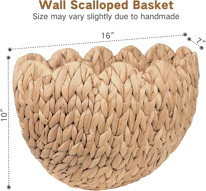 iEGrow Wicker Wall Basket, Scalloped Wall Basket Natural Water Hyacinth, Hanging Baskets for Organizing and Decor, Woven Storage Baskets for Door Mounted Entryway Flower Mail Plant Nursery