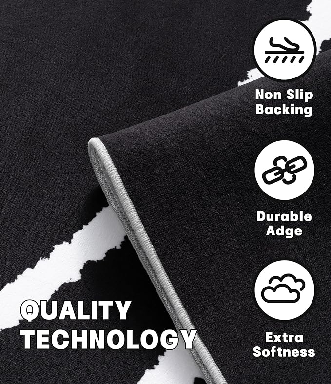 Black Modern Area Rug 6x9,Abstract Rugs for Bedroom,Black and White Geometric Rug,Minimalist Wave Rug,Dark Washable Area Rugs 6x9 Non Slip Rugs for Living Room，Office